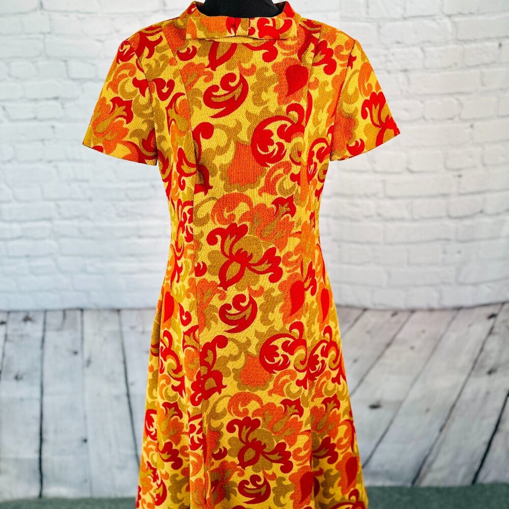 Vintage 60s Mod Paisley Aline Dress Mustard Wine Olive Bow Neck S/M